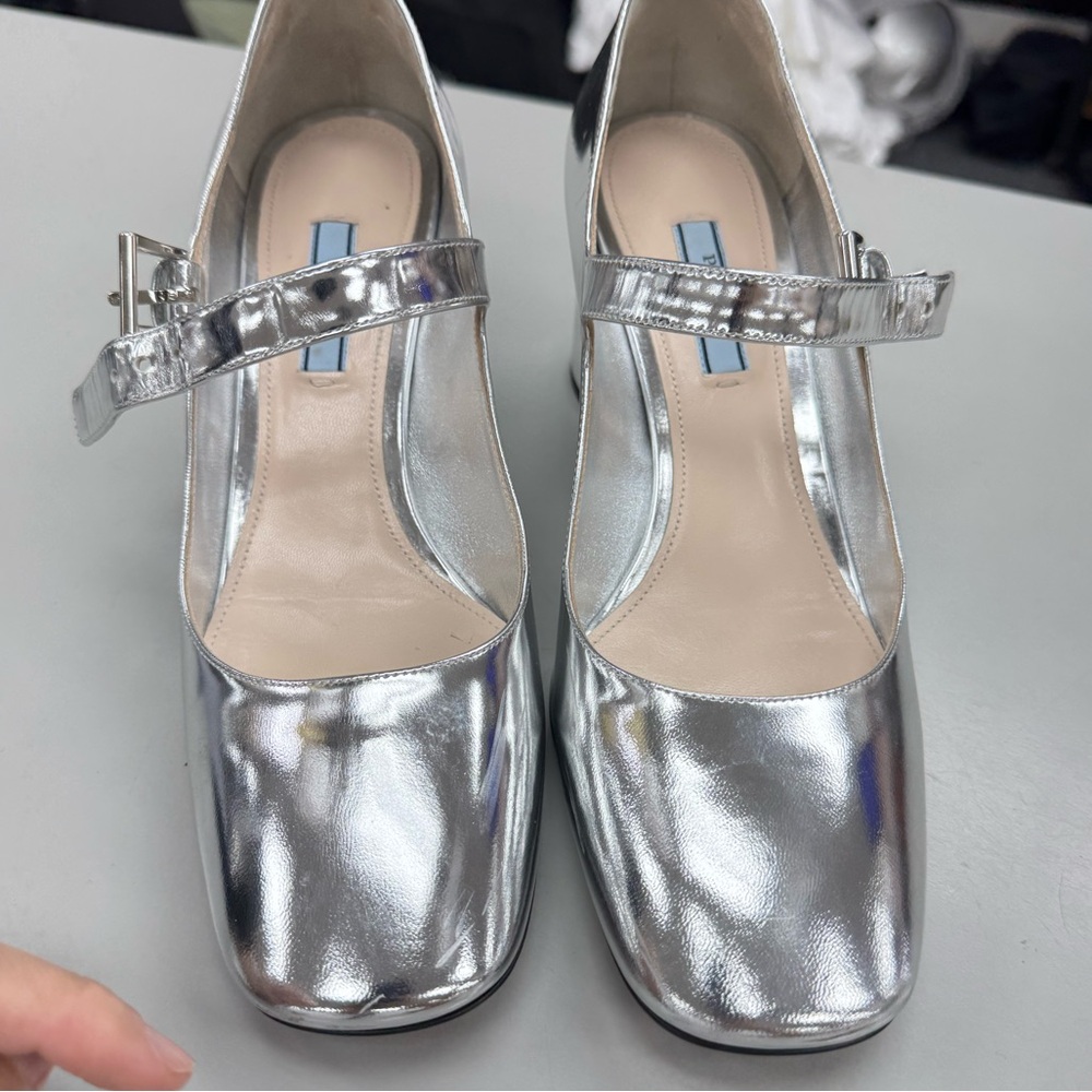 Prada Metallic Leather Mary Jane Pumps Silver - image 3
